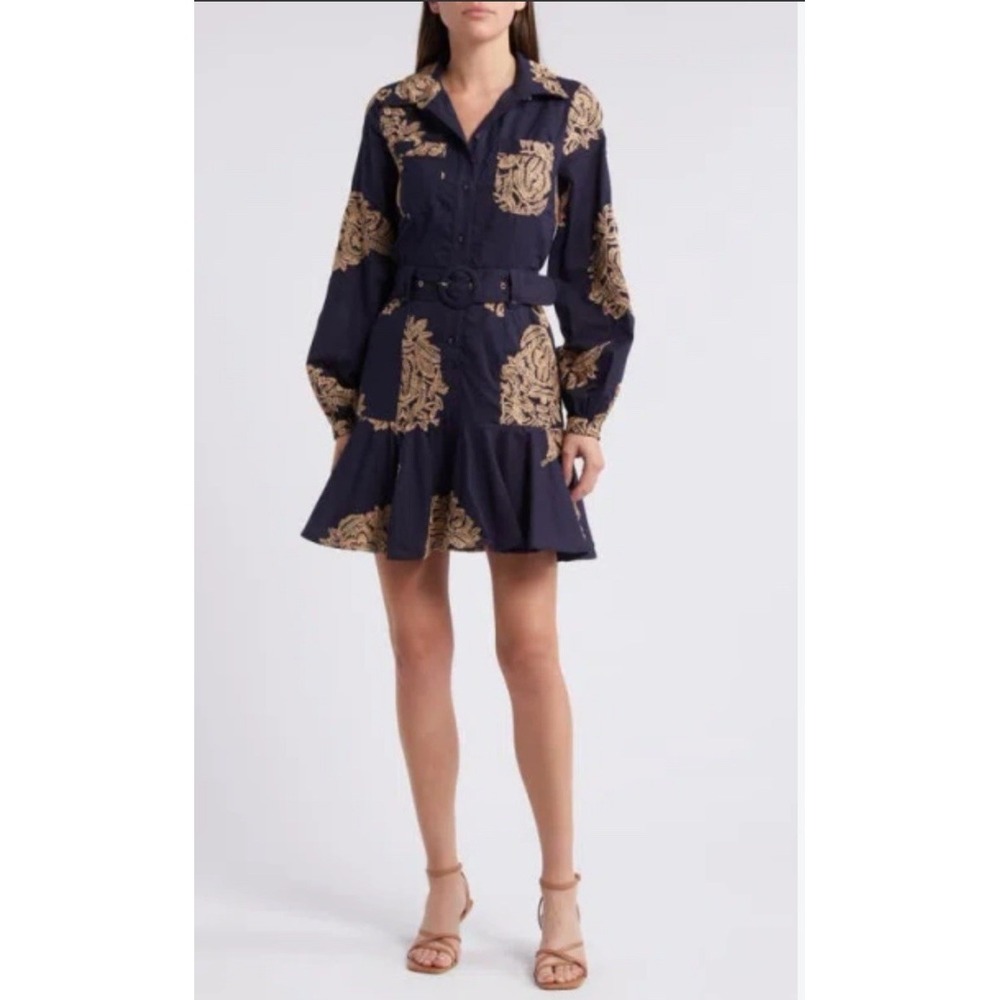 Ciebon Ina Embroidered Long Sleeve Cotton Shirt Dress Buttons Belt Navy Blue Tan